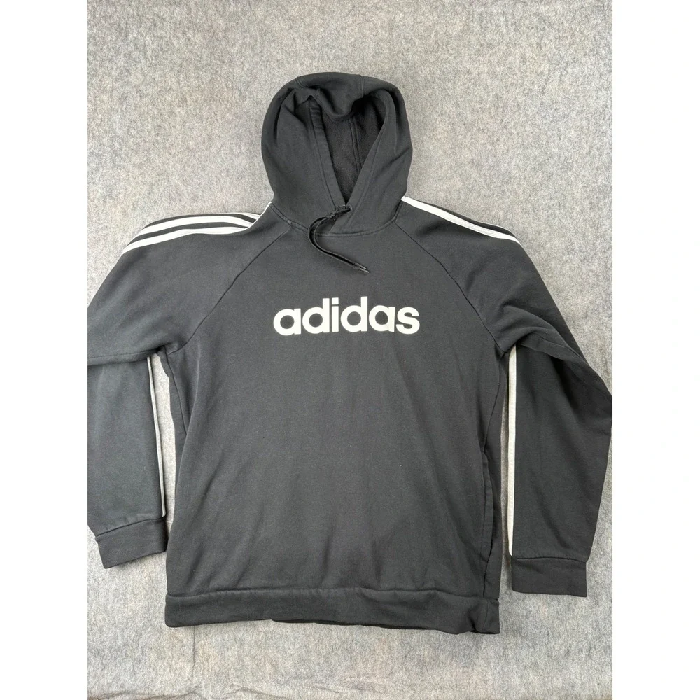 Adidas Mens Essentials 3-Stripes Hoodie Black White Fleece Pullover Size‎ L